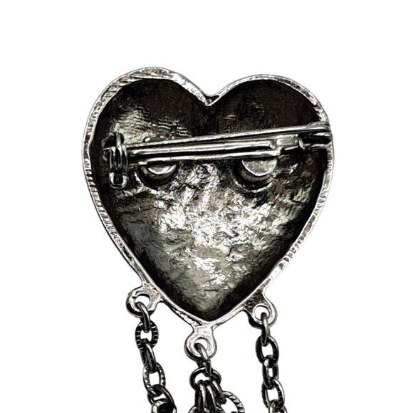 Heart Dangle Brooch Blue Rhinestones Silver Tone Chatelaine Style Pin Costume Je - Picture 6 of 9